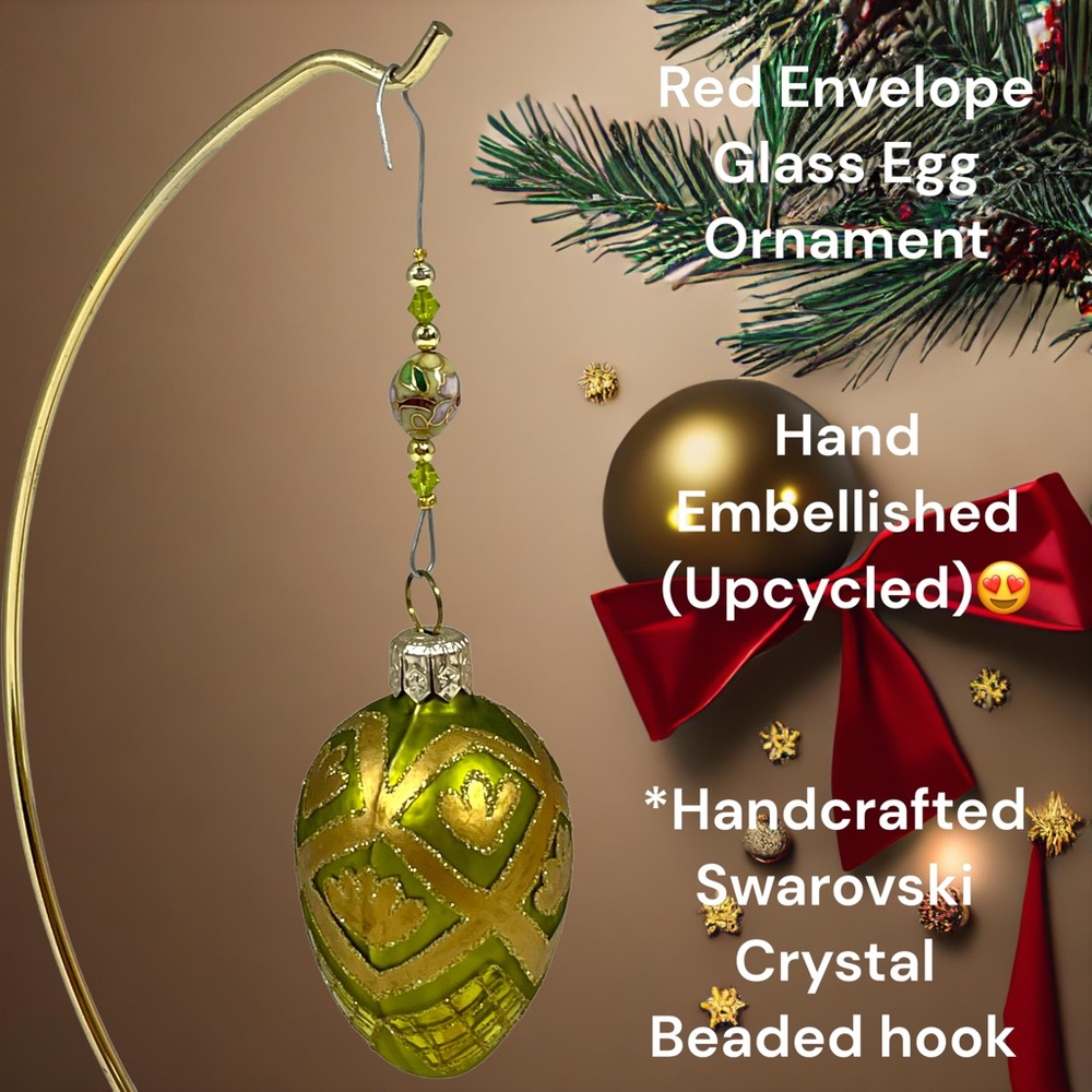 Red Envelope green & gold glass egg Christmas ornament w/handmade beaded hook